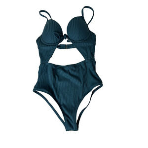 Shade & Shore One Piece Swimsuit Cutout Push Up Padded Ribbed Tie-Front Teal 32A